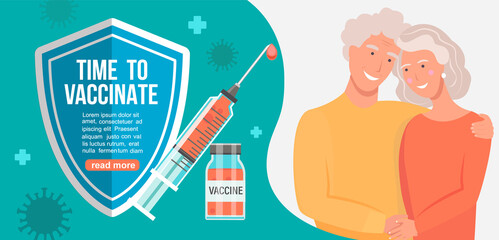 Time to vaccinate grandparents banner.Call for vaccine use.Injection that protects health.Health care concept in social media campaign,flyer.Coronavirus 2019 nCoV disease defeat,end of pandemic.Vector
