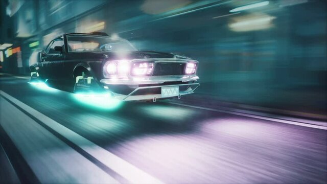 A flying car rushes at high speed along the night street of a futuristic city. Seamless looping animation for fiction, cyber and sci-fi backgrounds. View of an future city.