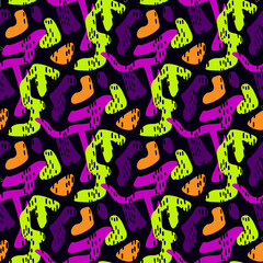 Obraz premium Abstract seamless vector pattern for girls, boys, clothes. Creative background with dots, geometric figures Funny wallpaper for textile and fabric. Fashion style. Colorful bright.