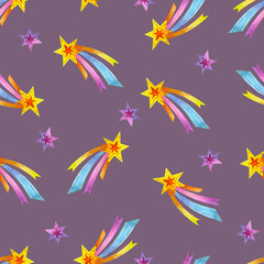 Fototapeta na wymiar Cute childish pattern with stars on a purple background. Bright seamless pattern with watercolor stars. For wrapping paper, wallpaper, textiles and more.