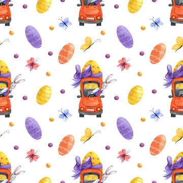Colourful Easter seamless pattern isolated on white background. Hand painted watercolour elements.