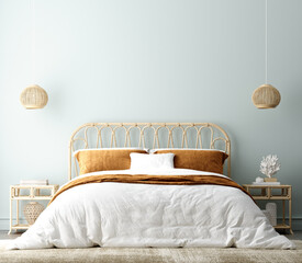 Coastal boho style bedroom interior background, wall mockup, 3d render © artjafara
