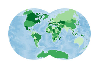 World Map. Van der Grinten IV projection. World in green colors with blue ocean. Vector illustration.