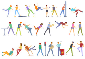 Careless person icons set. Cartoon set of careless person vector icons for web design