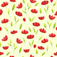 Watercolor hand drawn bright red flowers  with green leaves seamless pattern. Botanical print on light yellow background for textile, fabrics, wallpaper, wrapping paper. Colorful floral design. 