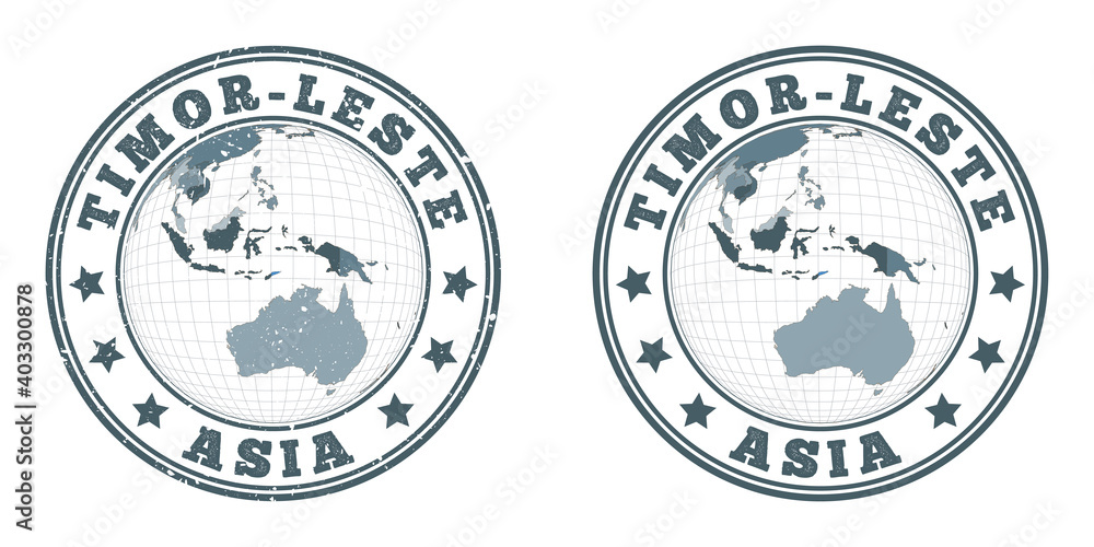 Poster timor-leste round logos. circular badges of country with map of timor-leste in world context. plain 