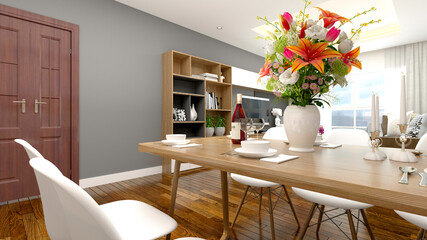 3d render of modern home interior, living and dining room