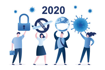 Fototapeta na wymiar Business people holds symbols of 2020 year issues - coronavirus pandemic, lockdown, fly ban and protective masks in global world.