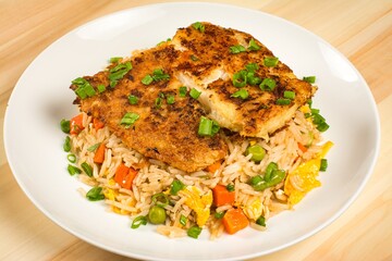 Grilled fish fillet with vegetable fried rice