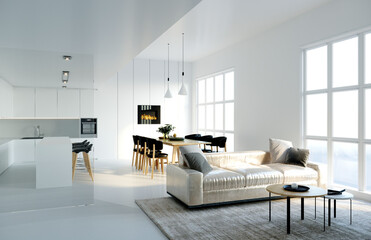3d render of modern home interior, living and dining room