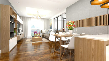 3d render of modern home interior, living and dining room
