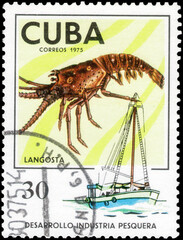 Postage stamp issued in the Cuba with the image of the Crawfish, Jasus. From the series on Development of fishing industry, circa 1975
