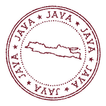 Java round rubber stamp with island map. Vintage red passport stamp with circular text and stars, vector illustration.