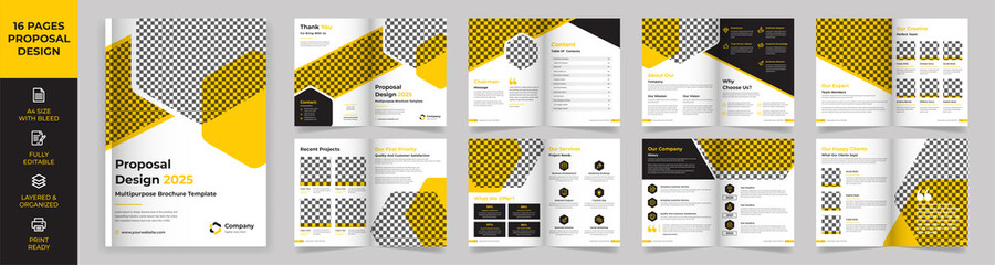 16 page Multipurpose Brochure template, Proposal Design, Company Profile, Simple style and modern layout, Business Proposal, presentations, Annual report, Corporate report, advertising