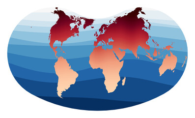 World Map Vector. Hill eucyclic projection. World in red orange gradient on deep blue ocean waves. Astonishing vector illustration.