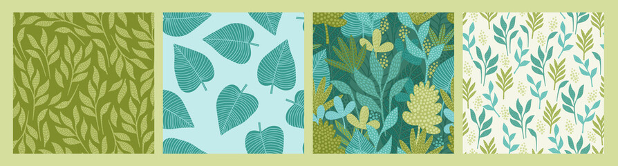 Set of seamless patterns with abstract leaves. Modern design for paper, cover, fabric, interior decor and other