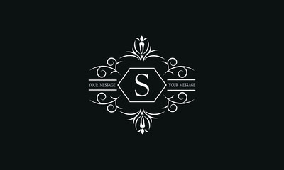 Graceful white monogram on a black background with the letter S. Elegant logo with the initial. Universal emblem, symbol of restaurant, business, greeting cards, invitations.