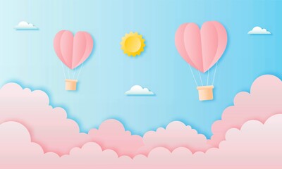 paper cut happy valentine's day concept. landscape with cloud, sun and heart shape hot air balloons flying on blue sky background paper art style. vector illustration. 