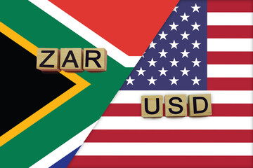 South Africa and USA currencies codes on national flags background