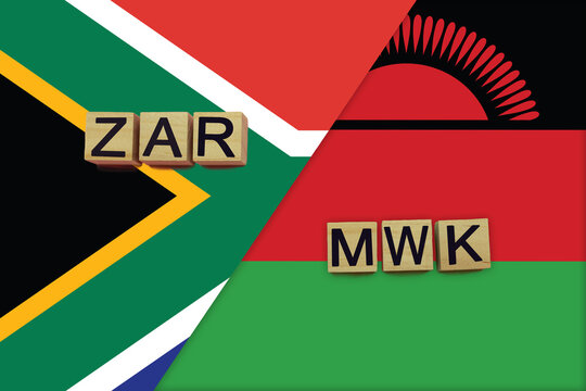 South Africa and Malawi currencies codes on national flags background
