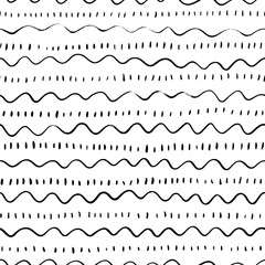 Wavy thin lines with dashes vector seamless pattern. Vertical simple brush strokes and horizontal curly lines. Black paint hand drawn background. Geometric ornament for wrapping paper. 