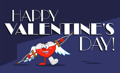 Naklejka premium Broken Heart Cartoon Character With Crutches And Plastered Leg. Vector Illustration With Background And Text