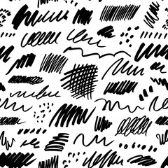 Doodle shapes and scratched lines seamless pattern. Vector abstract dots, brush strokes, bold funky drawing elements. Hand painted ink background. Art illustration for fashion designs in trendy style