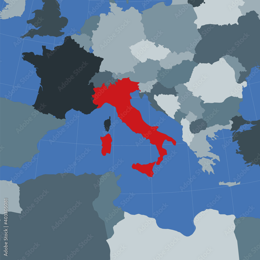 Poster shape of italy in context of neighbor countries. country highlighted with red color on world map. it