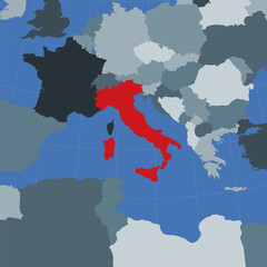 Shape of the Italy in context of neighbour countries. Country highlighted with red color on world map. Italy map template. Vector illustration.