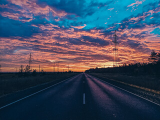 Fantastic sunrise in the middle of the road