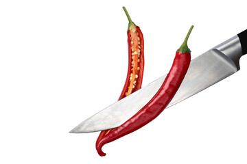 Isolated chili pepper on a white background. Cut in half with a knife. Red, hot. Capsicum. Seasoning. Spice. Mexican. Element for the design.