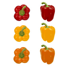 Isolated sweet pepper on a white background. Color orange, red, yellow. Side and top view. Element for the design. Paprika. Vegetable.