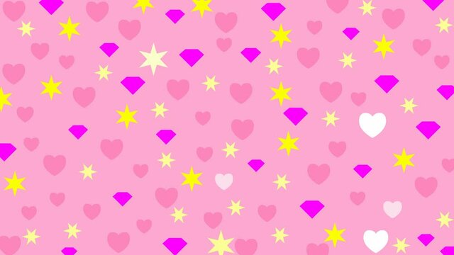 Animated yellow stars, heart, diamond, shine. Vector illustration isolated on the pink background.