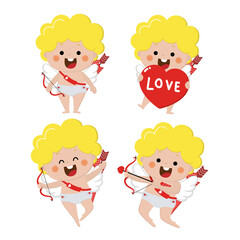 Happy Valentine's Day greeting card with cute cupid character. Love holidays cartoon collection. -Vector