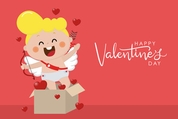 Happy Valentine's Day greeting card with cute cupid character. Love holidays cartoon collection. -Vector