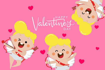 Happy Valentine's Day greeting card with cute cupid character. Love holidays cartoon collection. -Vector