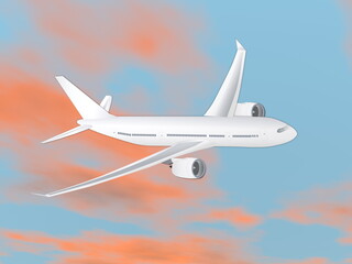 Airplane flying in the sky by sunset - 3D render