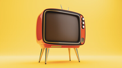 Retro TV blank screen template. Mockup on yellow background - 3d rendering - obrazy, fototapety, plakaty