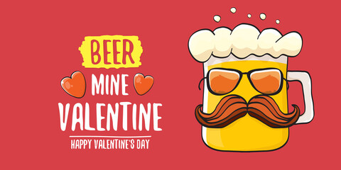 Beer mine valentines vector valentines greeting horizontal banner with beer glass cartoon character isolated on red background. Vector adult valentines day party poster design template