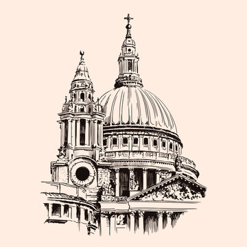 Dome of St Paul's Cathedral in London. Sketch on a beige background.