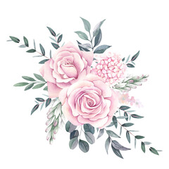 Fototapeta premium Floral watercolor bouquet of flowers and leaves on a white background.