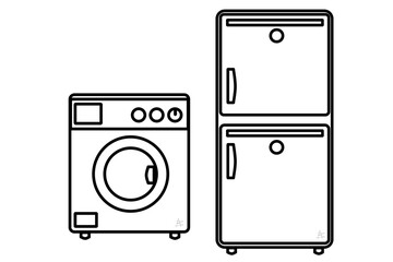 Refrigerator, washing machine, contour drawings in black on a white background for decoration