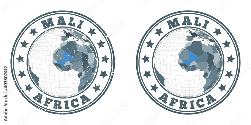 Poster mali round logos. circular badges of country with map of mali in world context. plain and textured c