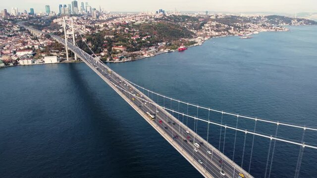 Aerial view of Istanbul Bosphorus Bridge. Istanbul City Landscape. 4K Drone Footage in Turkey.