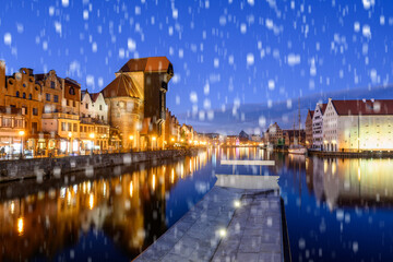 Winter scenery of Motlawa river and Gdansk at night, Poland, Europe.