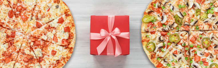 valentine's day banner with gift box with bow and place for text. background valentines day