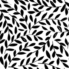 Leaves and branches vector seamless pattern. Black brush leaves and twigs. Olive branch modern ornament. Black ink texture with foliage. Hand drawn eucalyptus, laurel twig. Abstract plant motif