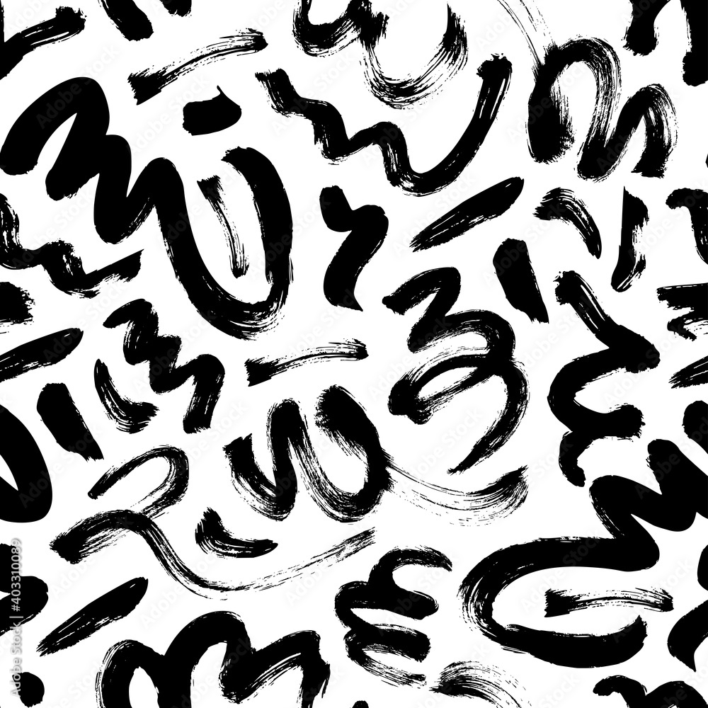 Poster Wavy and swirled brush strokes vector seamless pattern. Black paint freehand scribbles, abstract ink background. Brushstrokes, smears, lines, squiggle pattern. Abstract wallpaper design, textile print