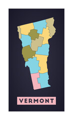 Vermont map. Us state poster with regions. Shape of Vermont with us state name. Artistic vector illustration.