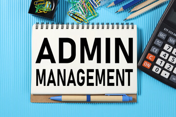admin management, text on white paper on blue background